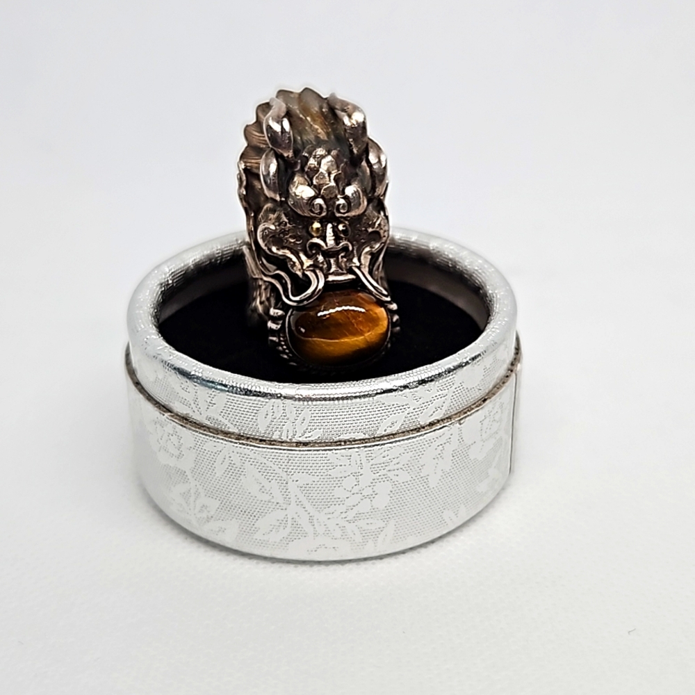 Solid Sterling Silver Artisan Handcrafted Japanese Demon Dragon Tiger-eye Ring